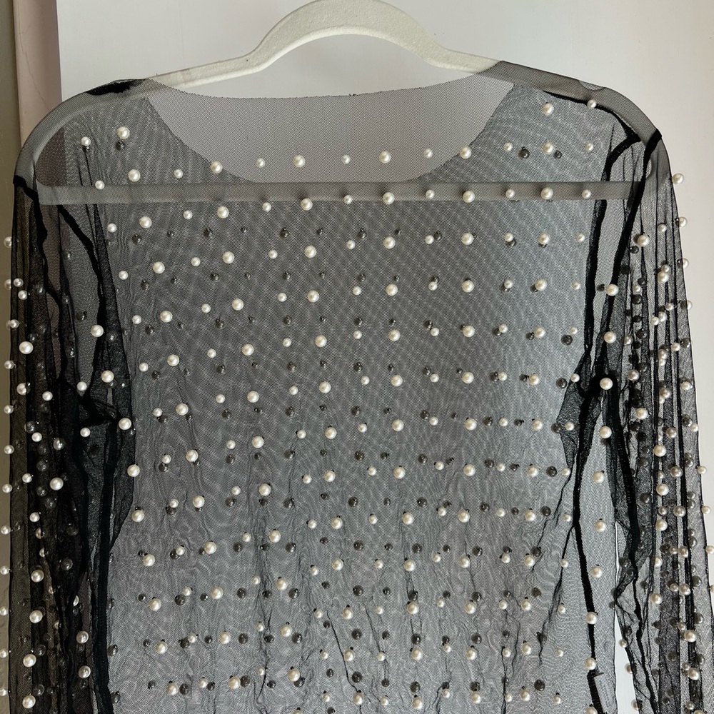 Elegant Black Sheer blouse with Pearl Accents